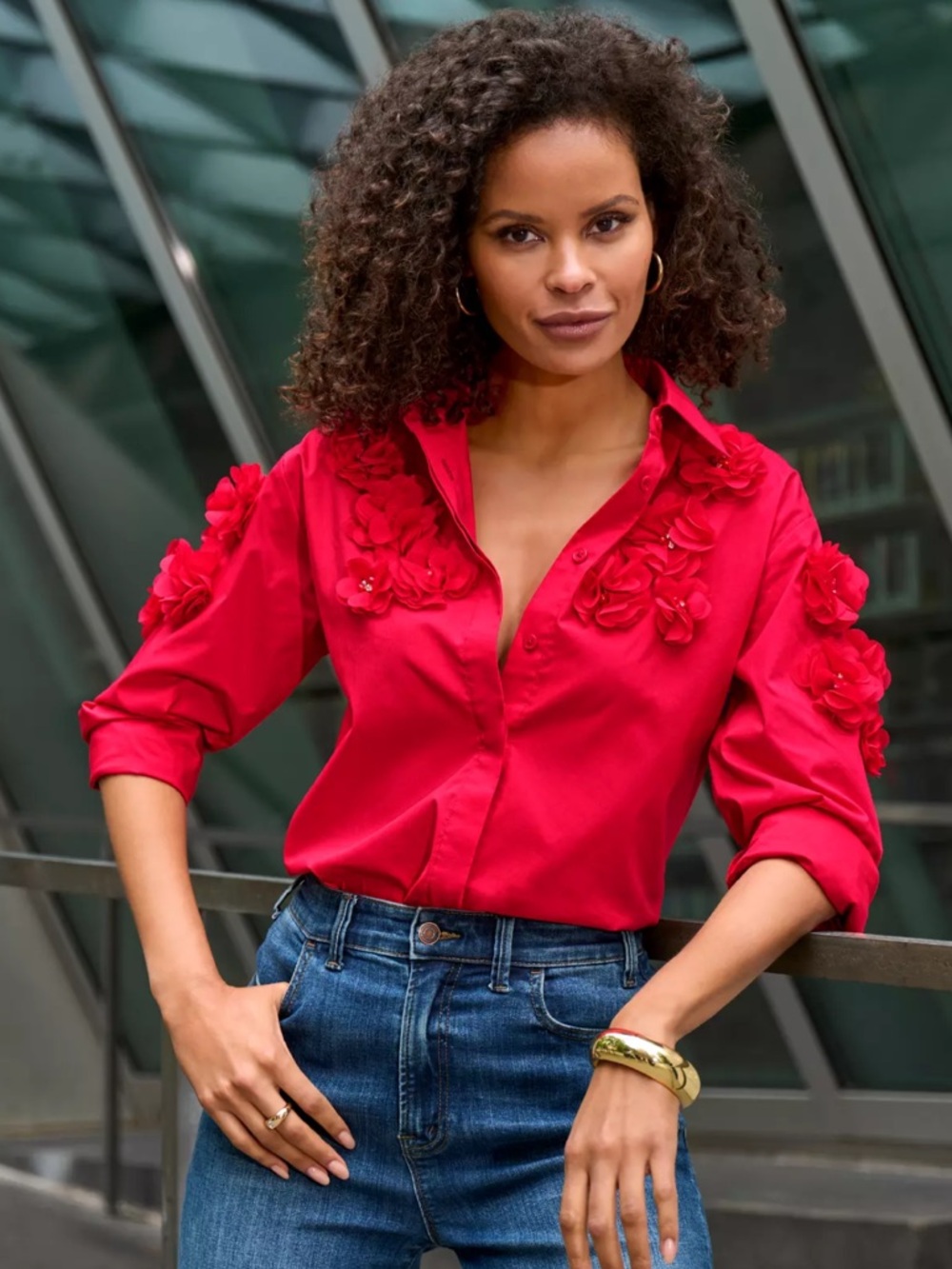 Boston Proper | Poplin and Pearl Button Down in Tomato Red
